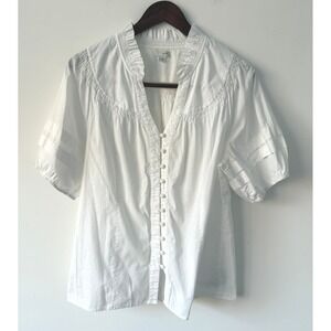 Odille White Cotton‎ Ruffled V-Neck Button Front Short Sleeve Tunic Top Size 14